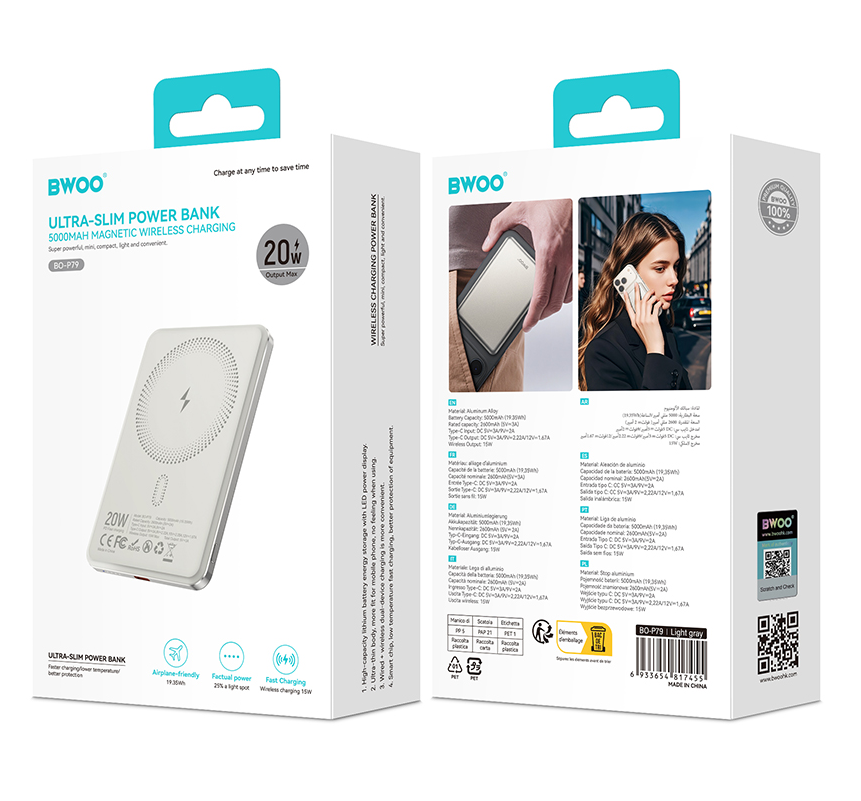 Baterie Externa Wireless BWOO P79, 5000mAh, 20W, PD + FQI, 1 x QI - 1 x USB-C, Gri