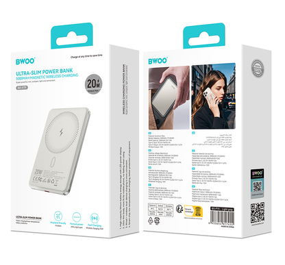 Baterie Externa Wireless BWOO P79, 5000mAh, 20W, PD + FQI, 1 x QI - 1 x USB-C, Gri