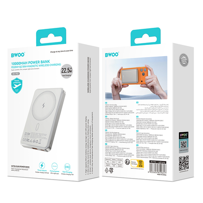 Baterie Externa Wireless BWOO BO-P82, 10000mAh, 22.5W, PD + FQI, 1 x QI - 1 x USB-C, Alba