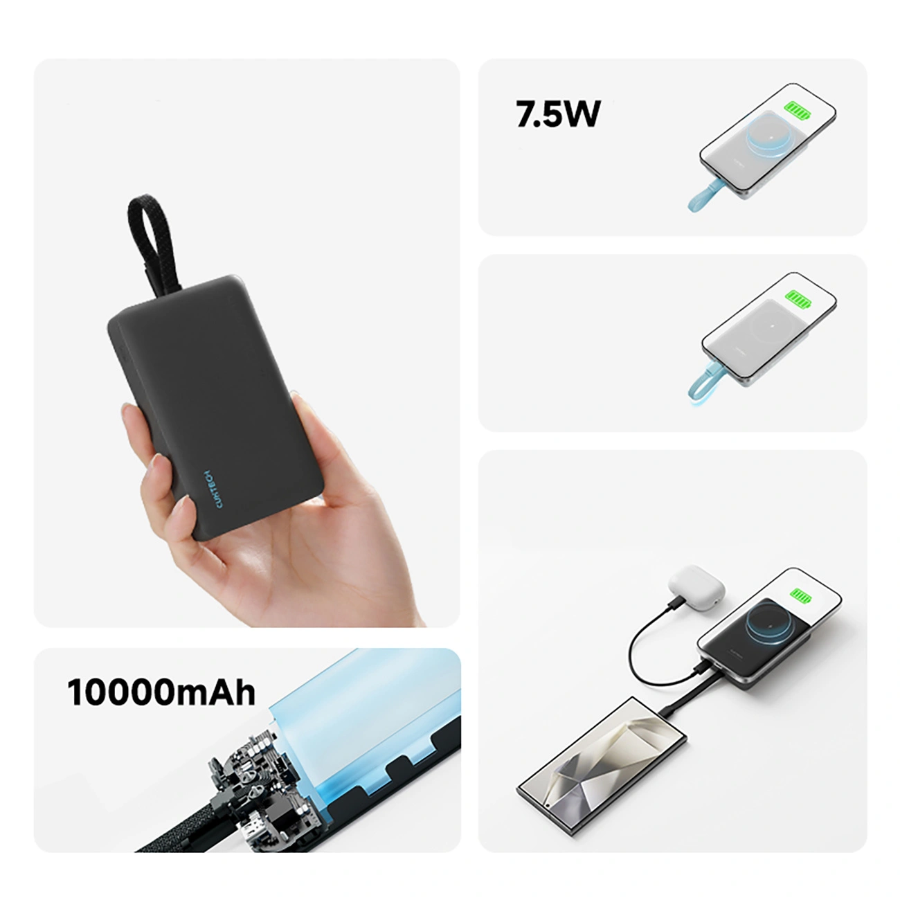 Baterie Externa Wireless Cuktech CP132ML, 10000mAh, 22.5W, PD + QI, 2 x USB-C, Alba