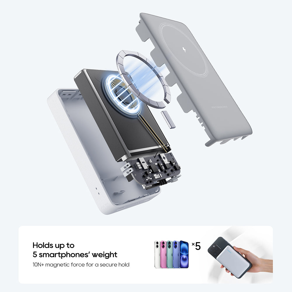 Baterie Externa Wireless Cuktech WPB100N, 10000mAh, 20W, PD + FQI, 1 x QI - 1 x USB-C, Alba CKWPB100NGLGR