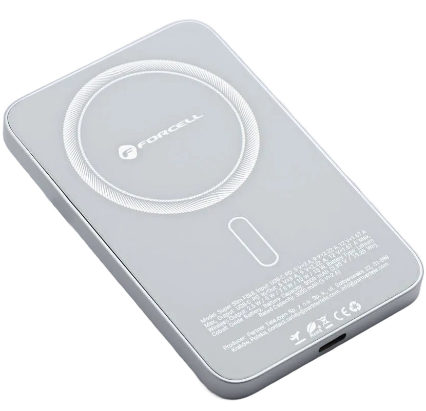 Baterie Externa Wireless Forcell F5K8, 5000mAh, 15W, PD + FQI, 1 x QI - 1 x USB-C, Alba