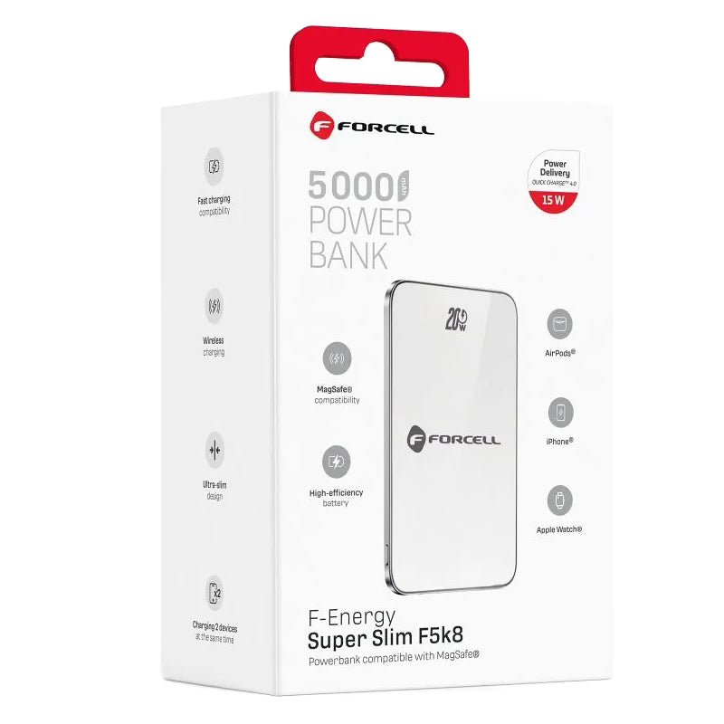 Baterie Externa Wireless Forcell F5K8, 5000mAh, 15W, PD + FQI, 1 x QI - 1 x USB-C, Alba