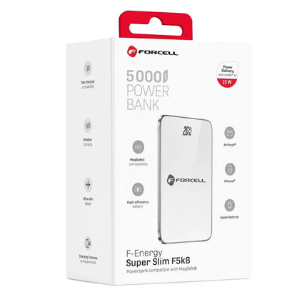Baterie Externa Wireless Forcell F5K8, 5000mAh, 15W, PD + FQI, 1 x QI - 1 x USB-C, Alba