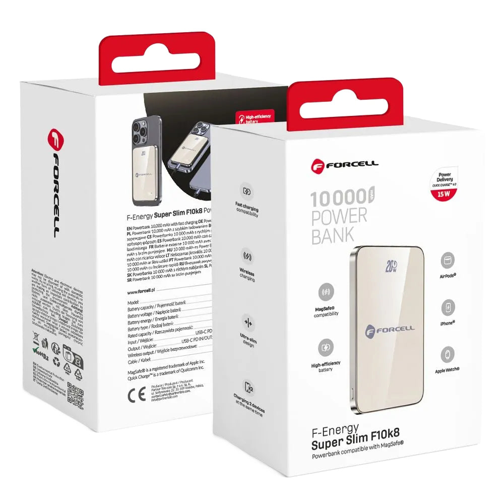 Baterie Externa Wireless Forcell F10K8, 10000mAh, 15W, PD + FQI, 1 x QI - 1 x USB-C, Aurie