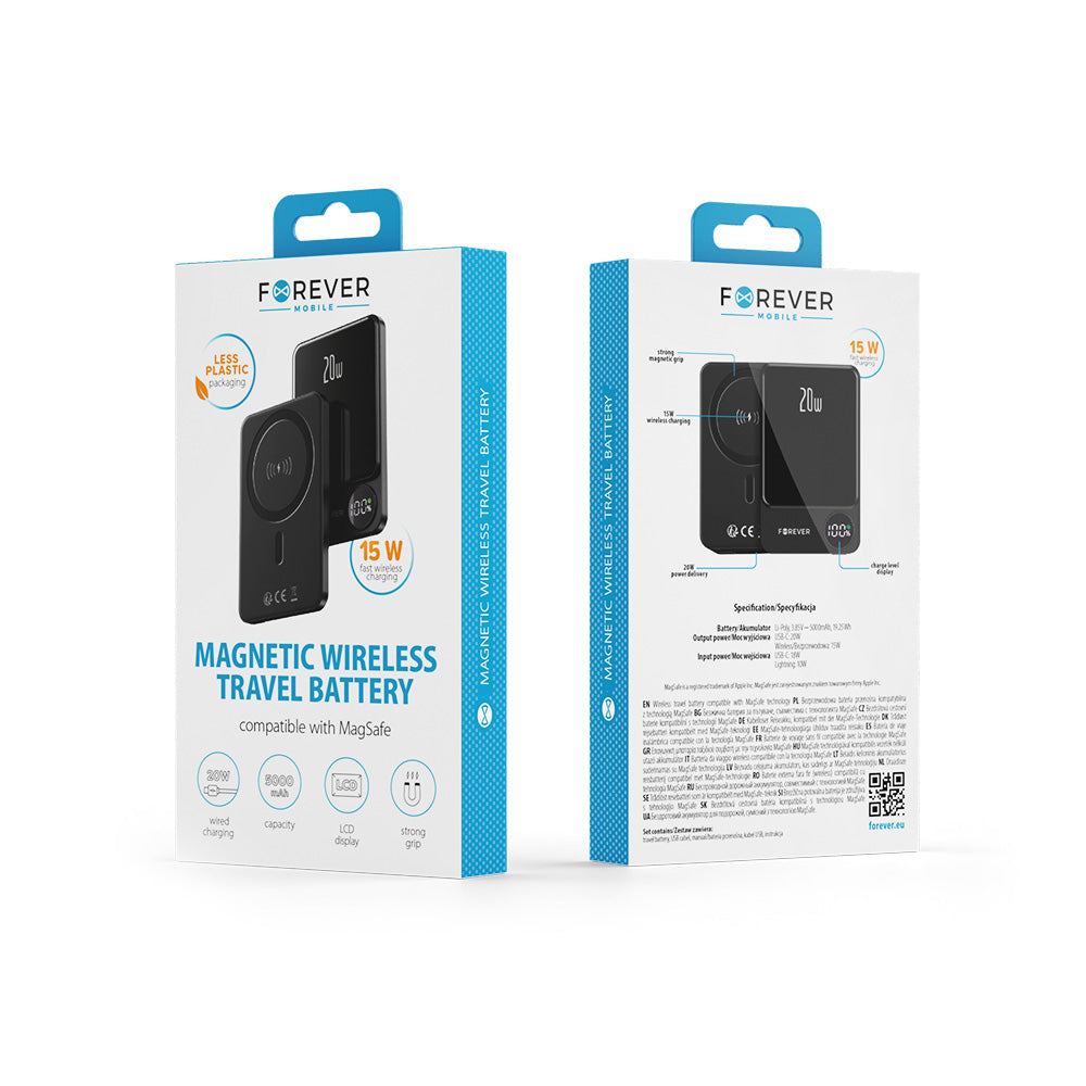 Baterie Externa Wireless Forever MATB-200, 5000mAh, 20W, PD + FQI, 1 x QI - 1 x USB-C, Neagra