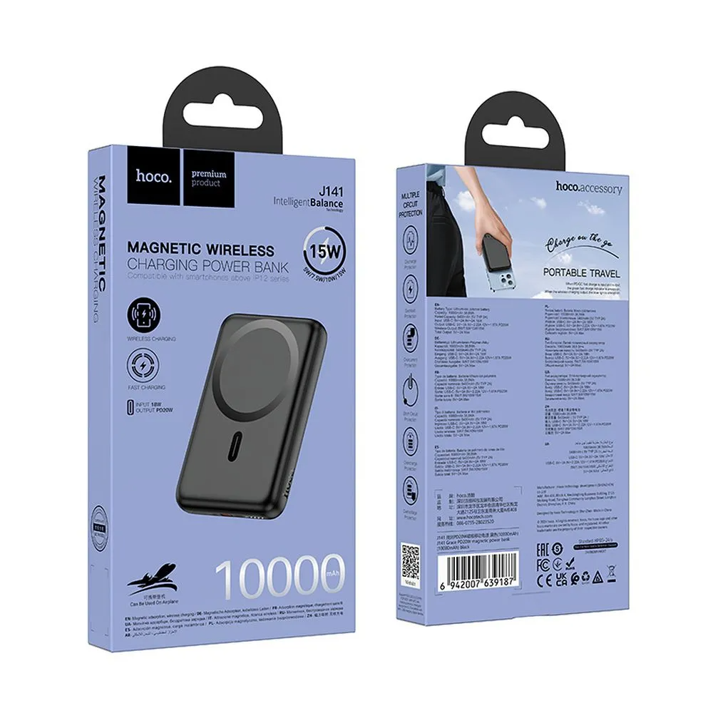 Baterie Externa Wireless HOCO J141, 10000mAh, 20W, PD + FQI, 1 x QI - 1 x USB-C, Neagra