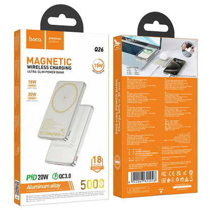 Baterie Externa Wireless HOCO Q26, 5000mAh, 20W, PD + FQI, 1 x QI - 1 x USB-C, Portocalie