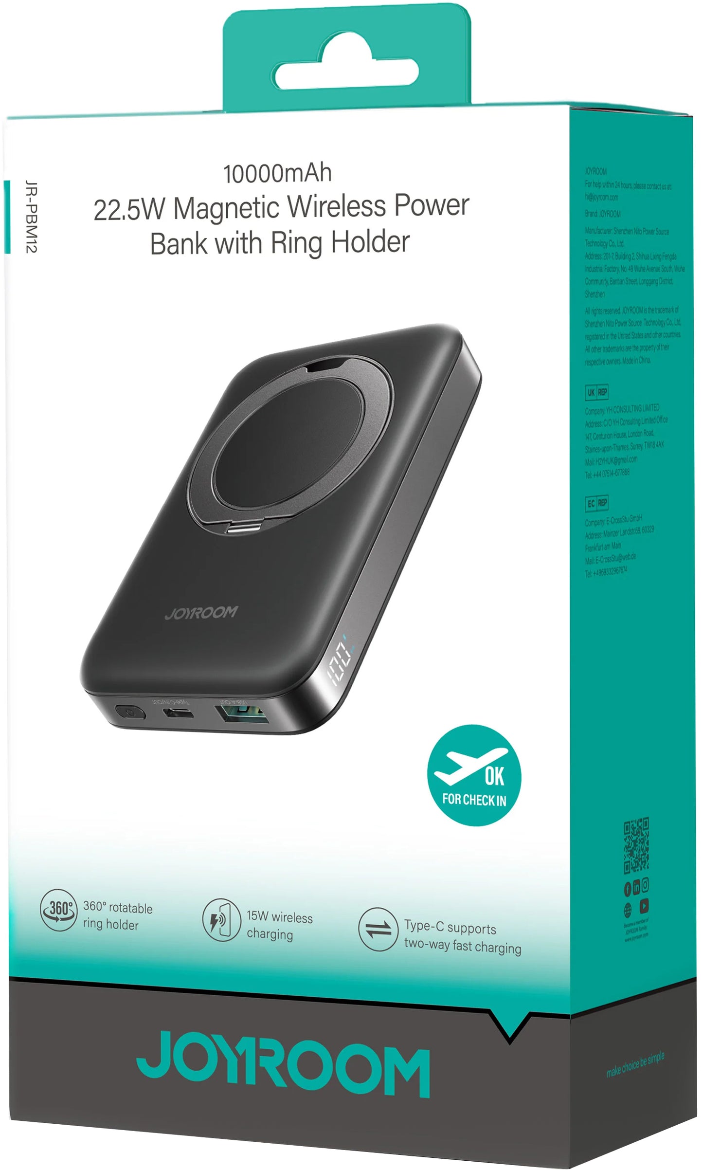 Baterie Externa Wireless Joyroom JR-PBM12, 10000mAh, 22.5W, QC + PD + FQI, 1 x QI - 1 x USB-A - 1 x USB-C, Neagra