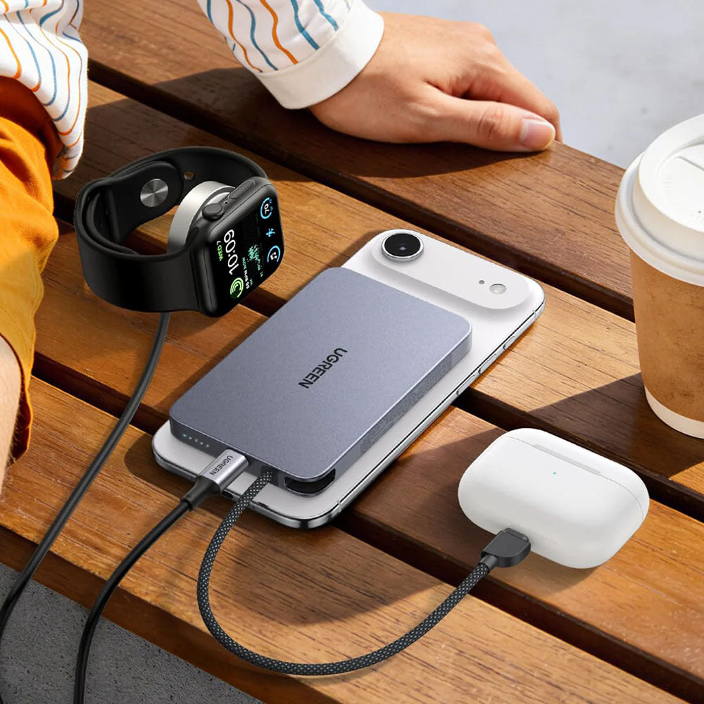 Baterie Externa Wireless UGREEN PB570 (75982B), 10000mAh, 30W, PD + FQI, 1 x QI - 2 x USB-C, Gri