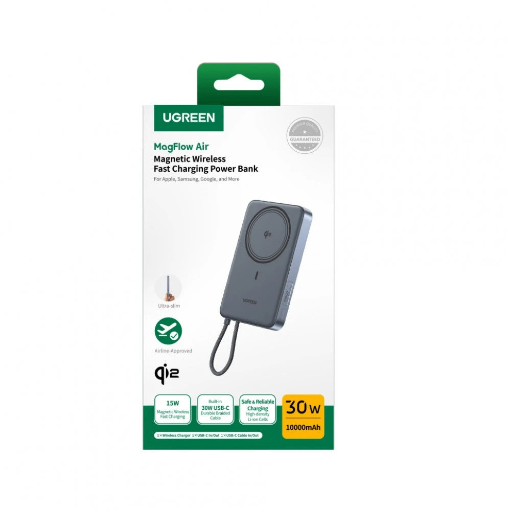 Baterie Externa Wireless UGREEN PB570 (75982B), 10000mAh, 30W, PD + FQI, 1 x QI - 2 x USB-C, Gri