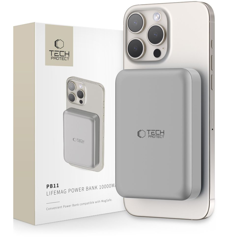 Baterie Externa Wireless Tech-Protect PB11 LifeMag, 10000mAh, 15W, PD + FQI, 1 x QI - 1 x USB-C, Gri, Resigilata