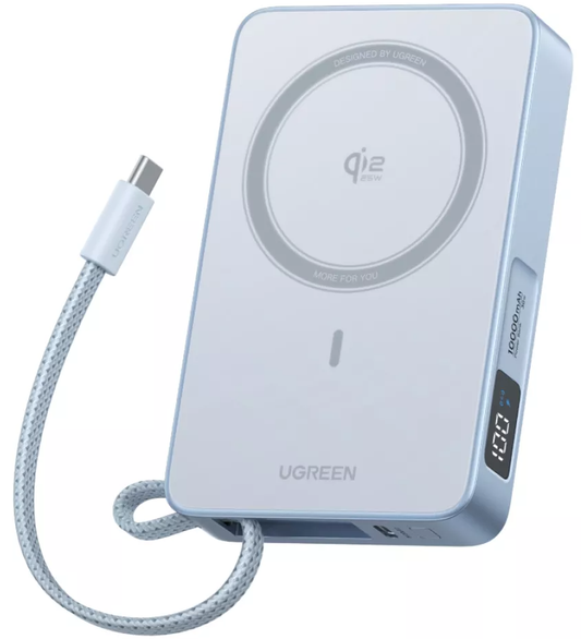 Baterie Externa Wireless UGREEN MagFlow PB773, 10000mAh, 25W, PD + FQI, 1 x QI - 2 x USB-C, Albastra