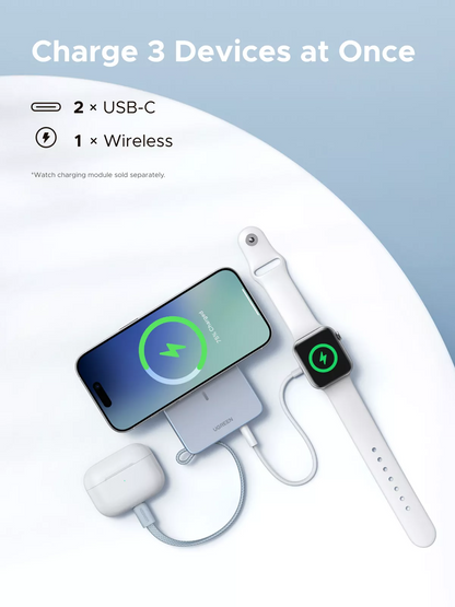Baterie Externa Wireless UGREEN MagFlow PB773, 10000mAh, 25W, PD + FQI, 1 x QI - 2 x USB-C, Albastra