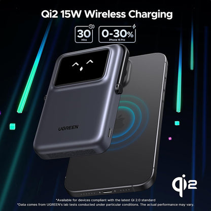 Baterie Externa Wireless UGREEN PB764 Uno, 10000mAh, 20W, PD + FQI, 1 x QI - 1 x USB-C, Gri