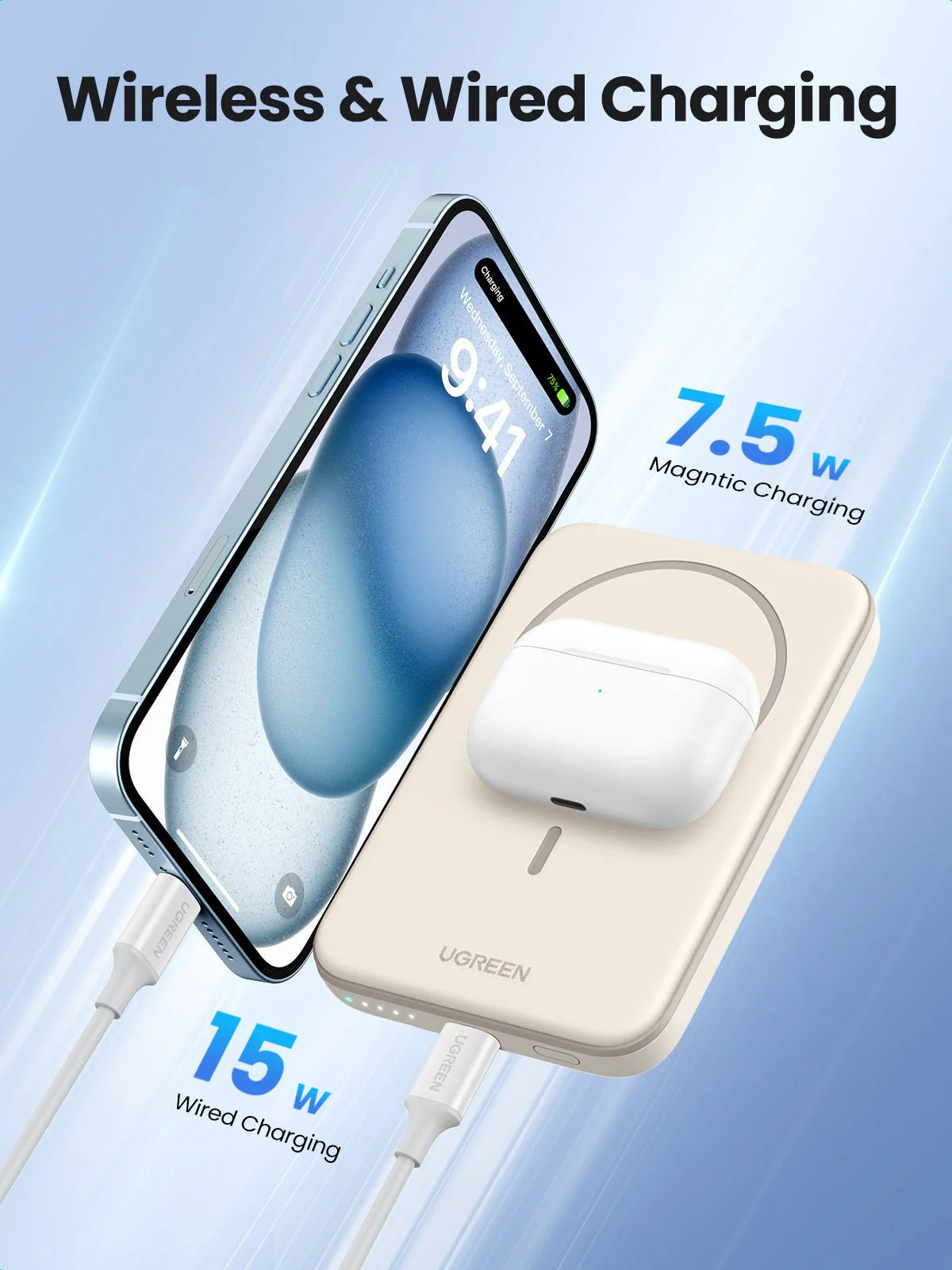 Baterie Externa Wireless UGREEN PB560, 5000mAh, 15W, PD + QI, 1 x QI - 1 x USB-C, Bej