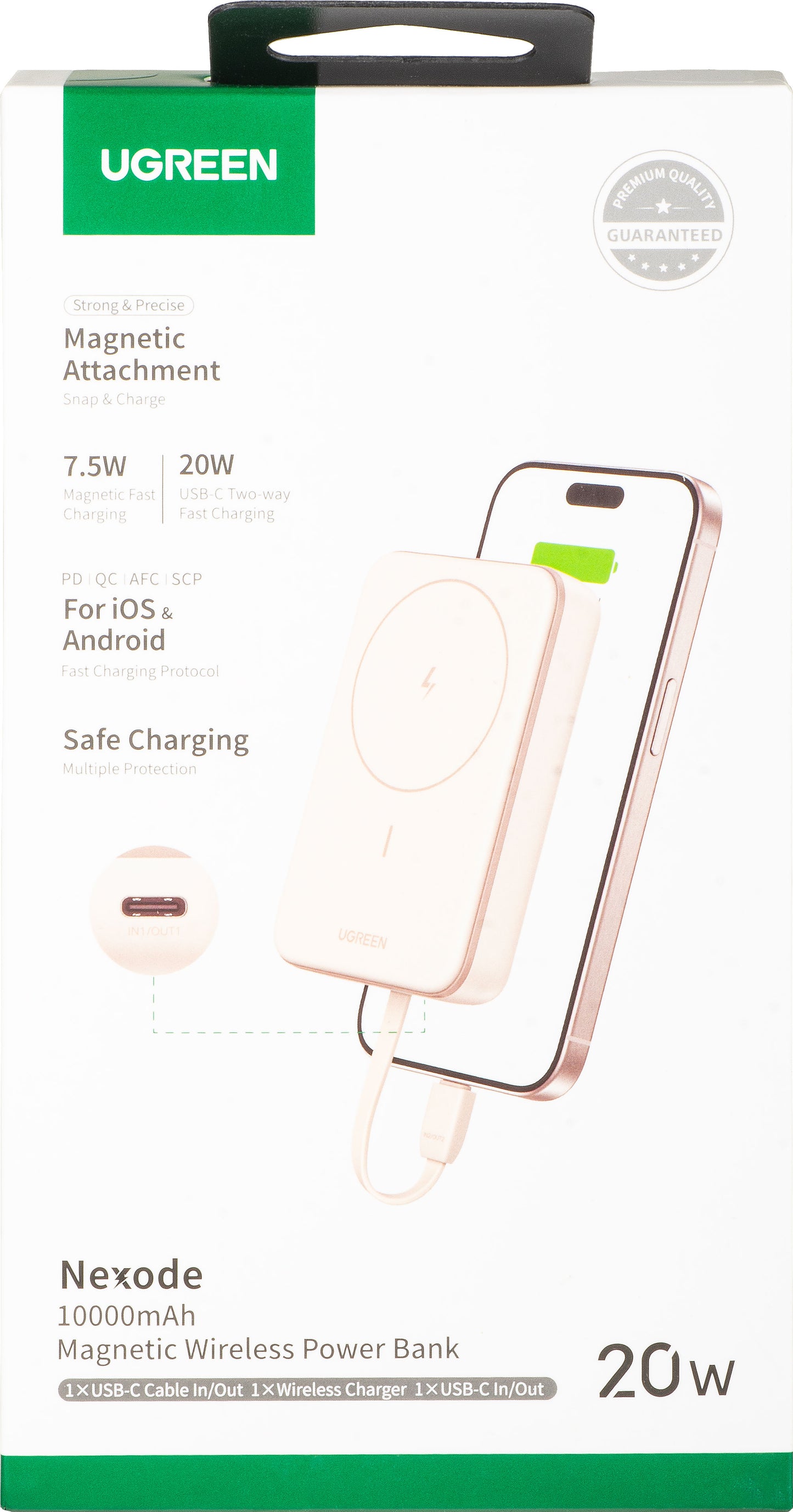 Baterie Externa Wireless UGREEN PB760, 10000mAh, 20W, PD + FQI, 1 x QI - 1 x USB-C, Bej
