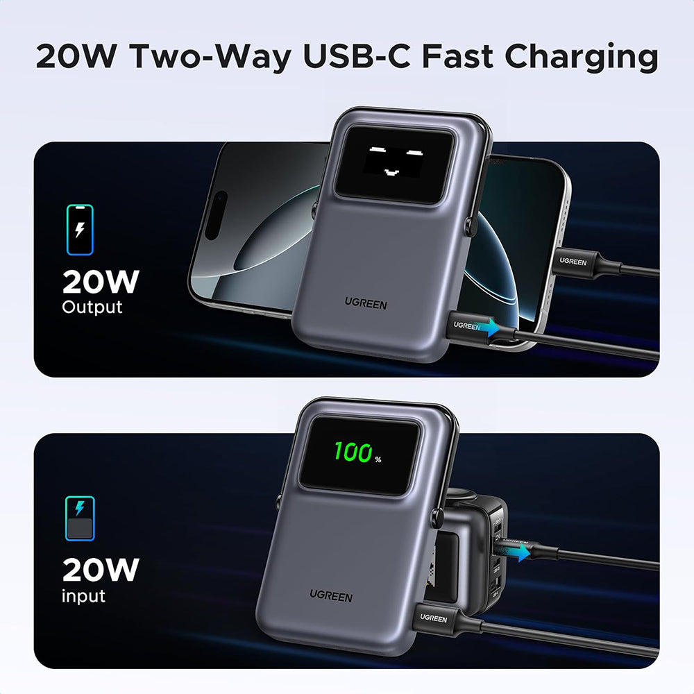 Baterie Externa Wireless UGREEN PB764 Uno, 10000mAh, 20W, PD + FQI, 1 x QI - 1 x USB-C, Gri