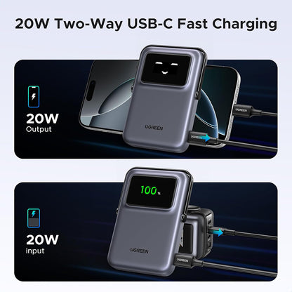 Baterie Externa Wireless UGREEN PB764 Uno, 10000mAh, 20W, PD + FQI, 1 x QI - 1 x USB-C, Gri