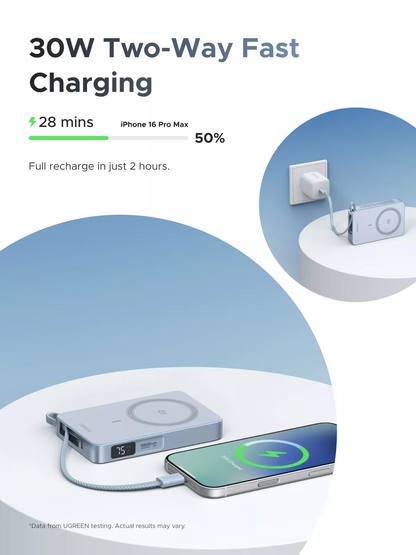 Baterie Externa Wireless UGREEN MagFlow PB773, 10000mAh, 25W, PD + FQI, 1 x QI - 2 x USB-C, Albastra