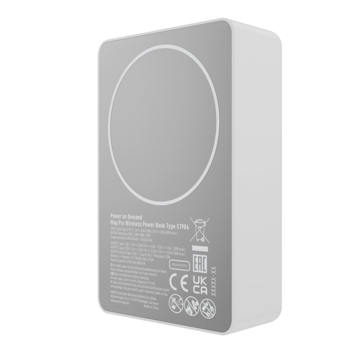 Baterie Externa Wireless Varta Mag Pro, 10000mAh, 20W, 1 x QI - 2 x USB-C, Alba