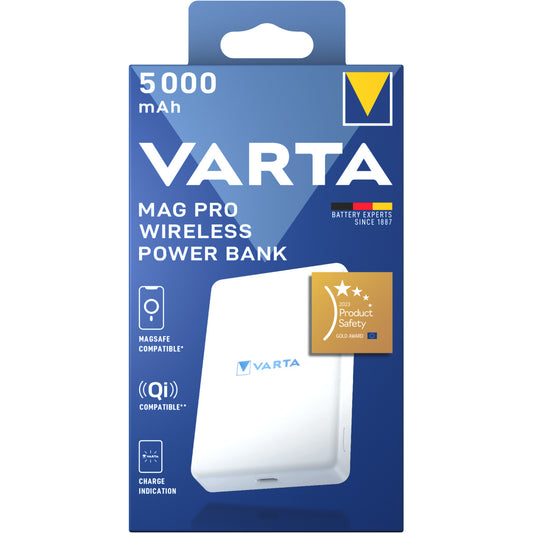 Baterie Externa Wireless Varta Mag Pro, 5000mAh, 12W, 1 x QI - 1 x USB-C, Alba