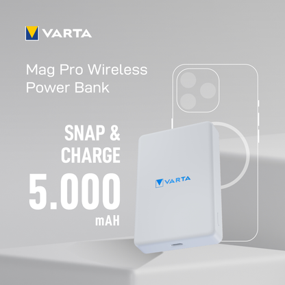 Baterie Externa Wireless Varta Mag Pro, 5000mAh, 12W, 1 x QI - 1 x USB-C, Alba