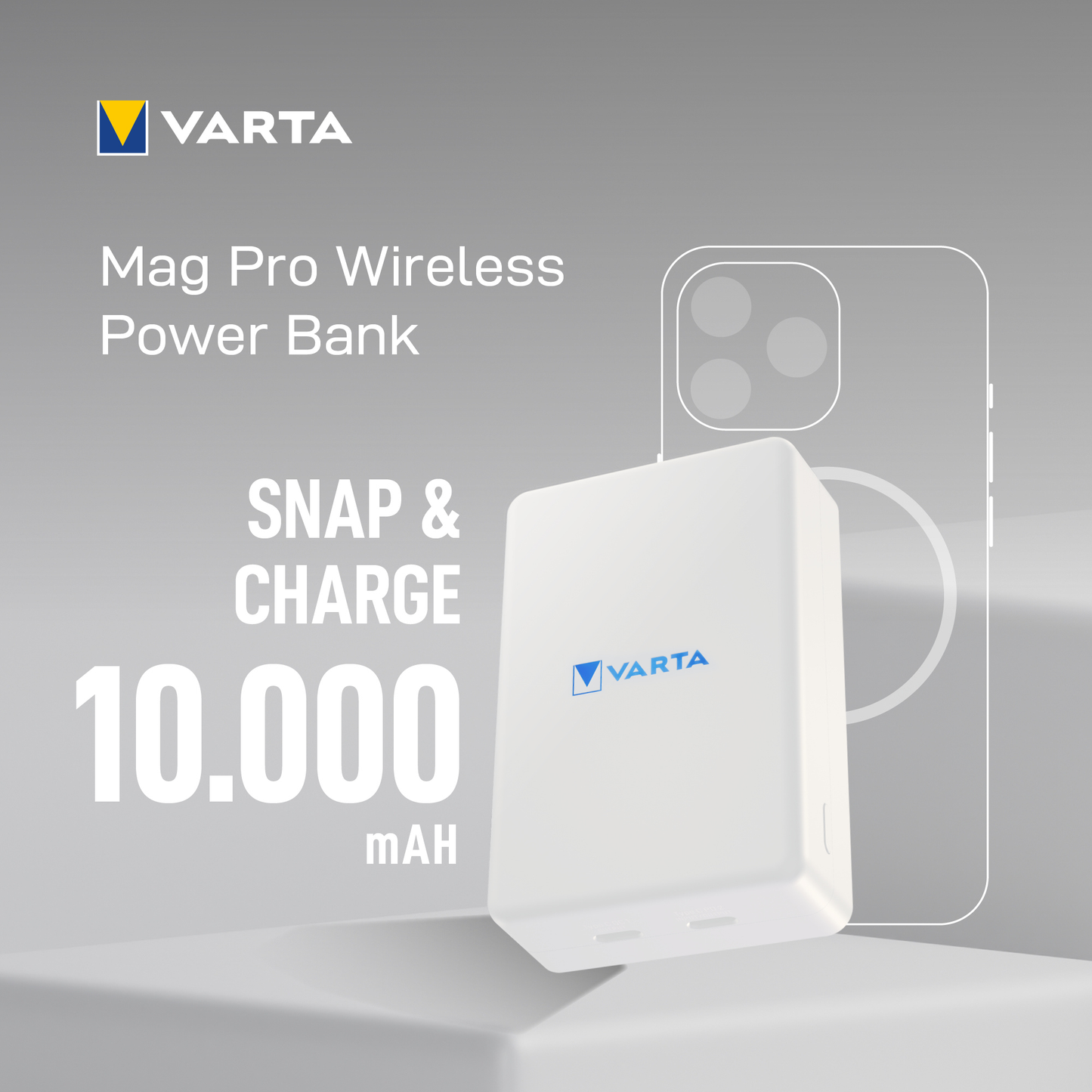 Baterie Externa Wireless Varta Mag Pro, 10000mAh, 20W, 1 x QI - 2 x USB-C, Alba