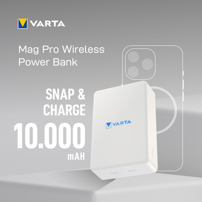 Baterie Externa Wireless Varta Mag Pro, 10000mAh, 20W, 1 x QI - 2 x USB-C, Alba