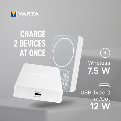 Baterie Externa Wireless Varta Mag Pro, 5000mAh, 12W, 1 x QI - 1 x USB-C, Alba