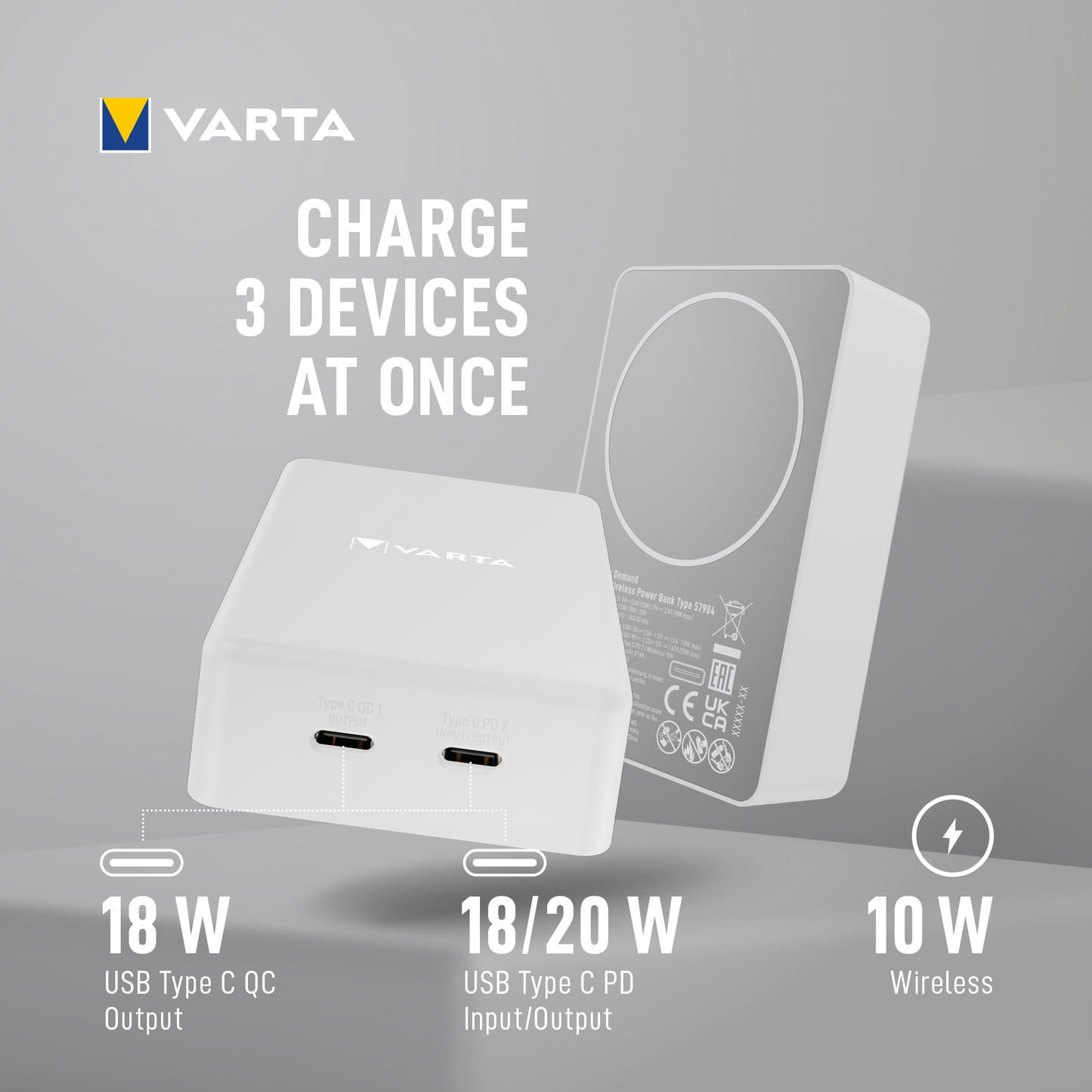 Baterie Externa Wireless Varta Mag Pro, 10000mAh, 20W, 1 x QI - 2 x USB-C, Alba