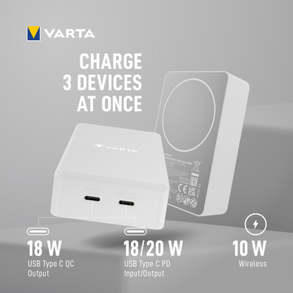Baterie Externa Wireless Varta Mag Pro, 10000mAh, 20W, 1 x QI - 2 x USB-C, Alba