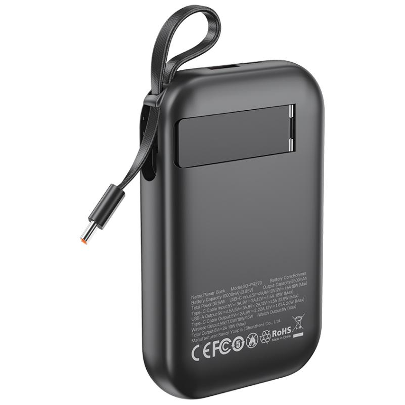 Baterie Externa Wireless XO Design PR270, 10000mAh, 22.5W, QC + PD + QI, 1 x QI - 1 x USB-A - 1 x USB-C, Neagra