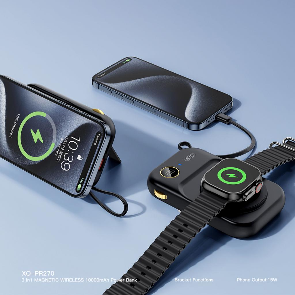 Baterie Externa Wireless XO Design PR270, 10000mAh, 22.5W, QC + PD + QI, 1 x QI - 1 x USB-A - 1 x USB-C, Neagra