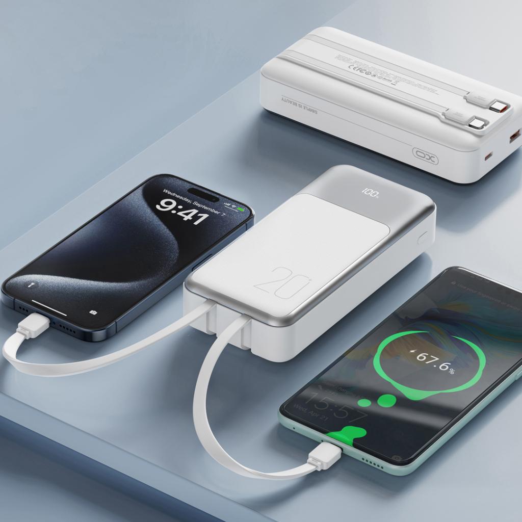 Baterie Externa XO Design PR249, 20000mAh, 22.5W, QC + PD, 1 x Lightning - 1 x USB-A - 2 x USB-C, Alba