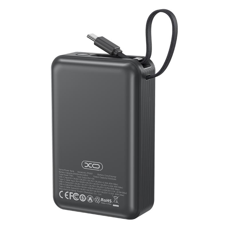 Baterie Externa XO Design PR267, 20000mAh, 65W, QC + PD, 1 x USB-A - 2 x USB-C, Gri