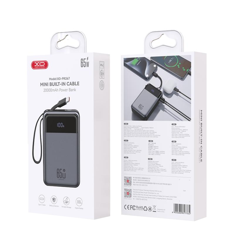 Baterie Externa XO Design PR267, 20000mAh, 65W, QC + PD, 1 x USB-A - 2 x USB-C, Gri