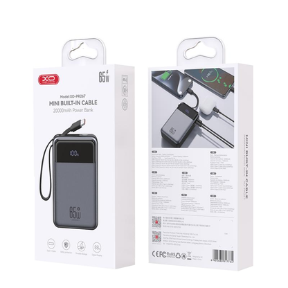 Baterie Externa XO Design PR267, 20000mAh, 65W, QC + PD, 1 x USB-A - 2 x USB-C, Gri