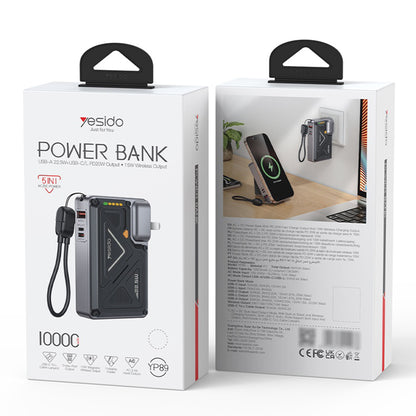 Baterie Externa Yesido YP89, 10000mAh, 22.5W, QC + PD + FQI, 1 x Lightning - 1 x QI - 1 x USB-A - 1 x USB-C, Gri