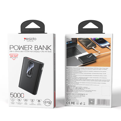 Baterie Externa Yesido YP92, 5000mAh, 22.5W, QC + PD, 1 x USB-A - 1 x USB-C, Neagra