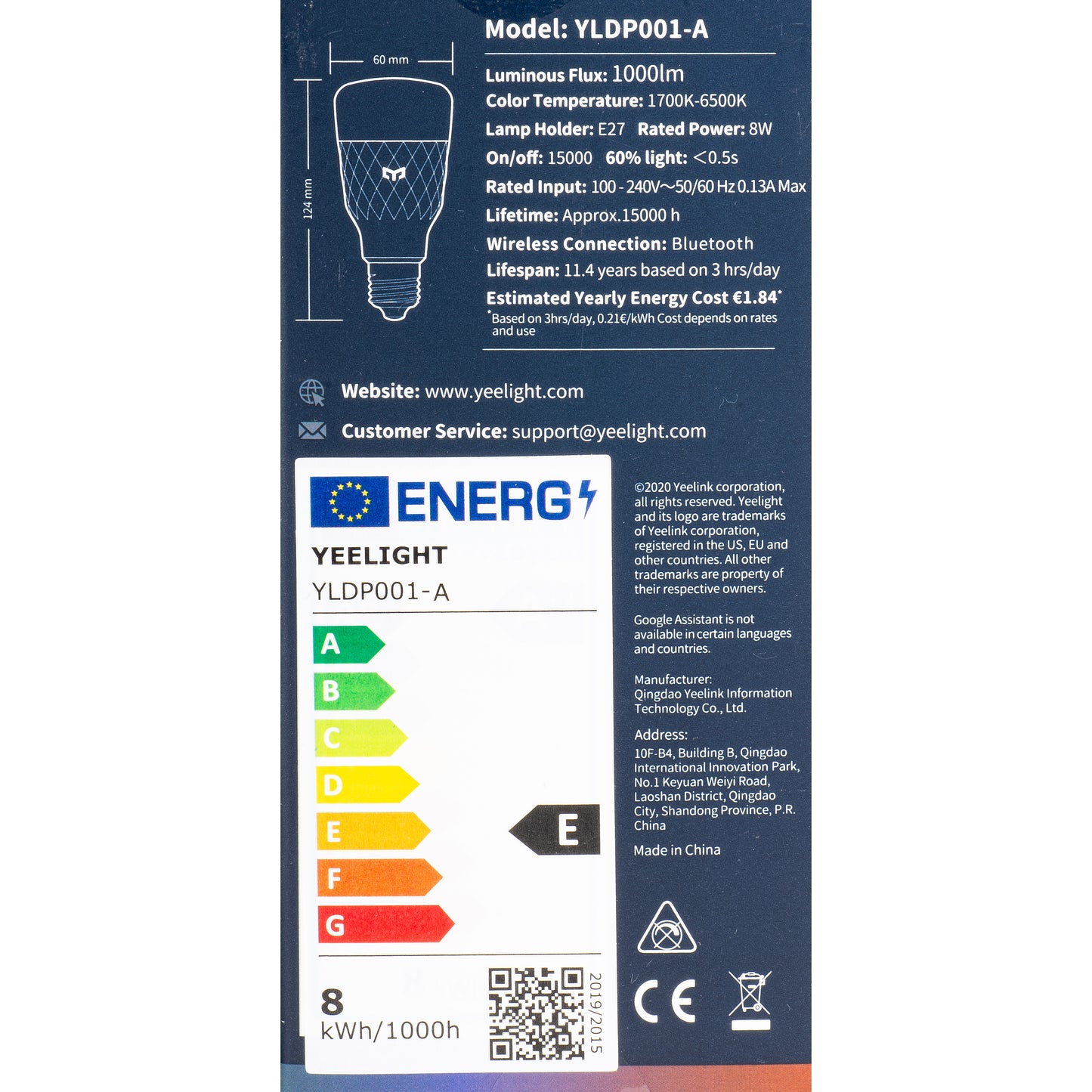 Bec LED Yeelight M2, Wi-Fi, E27, 8W, 1700K - 6500K, 1000lm, Multicolor YLDP001-A