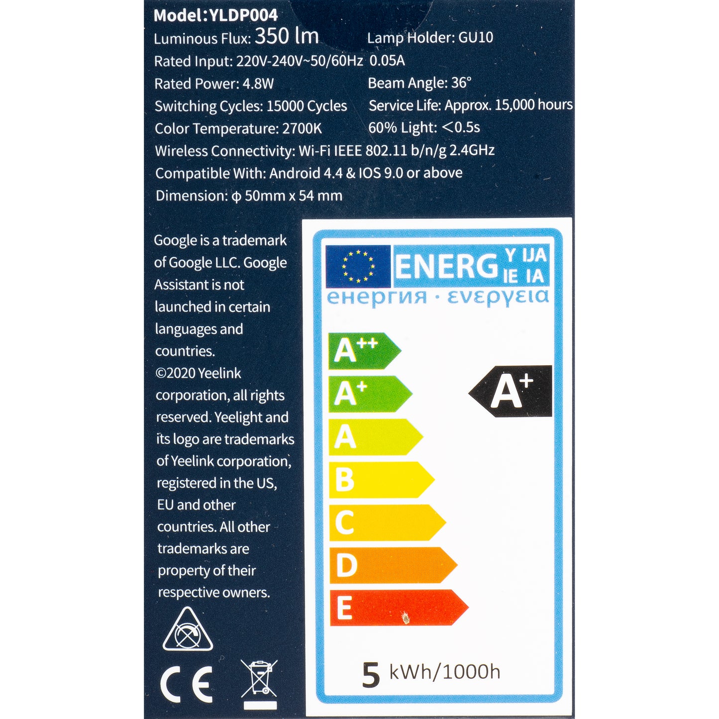 Bec LED Yeelight W1, Wi-Fi, GU10, 4.8W, 2700K, 350lm YLDP004