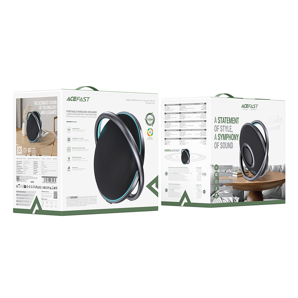 Boxa Bluetooth Acefast K5 Pro, 100W, RGB, Waterproof, Neagra