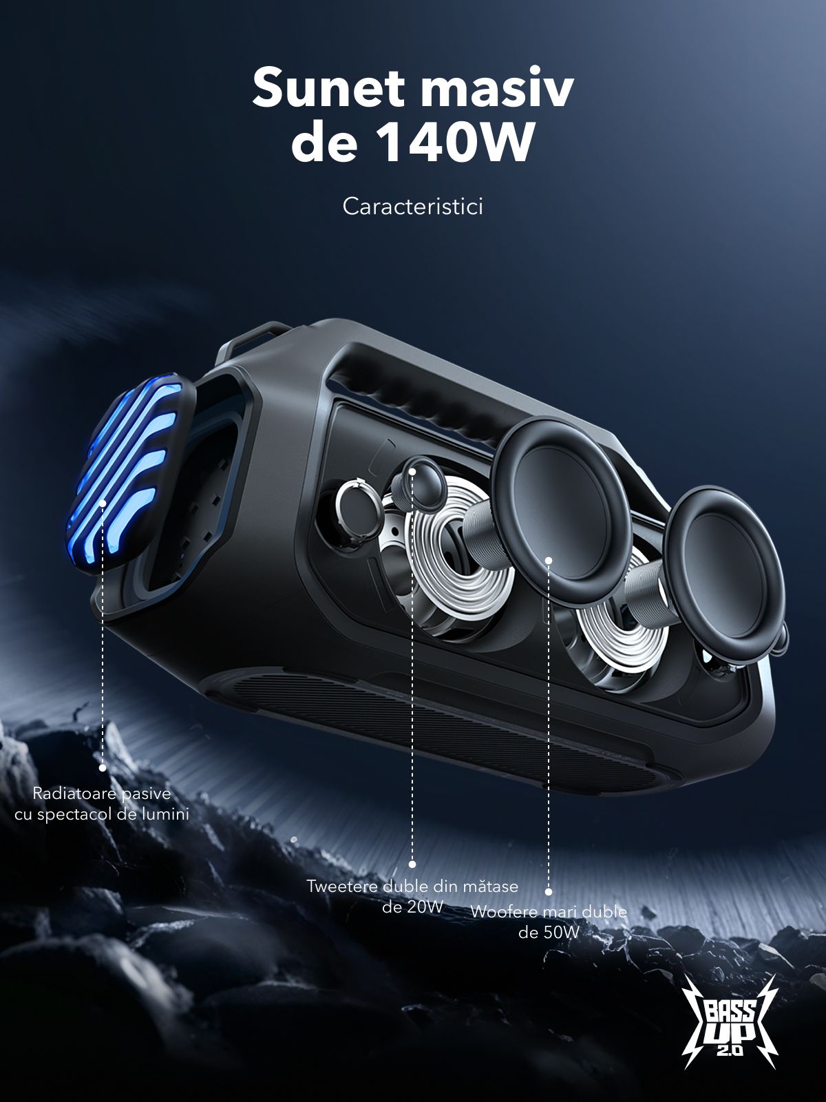 Boxa Portabila Bluetooth Anker SoundCore Boom 2 Plus New Version, 140W, TWS, RGB, Waterproof, Neagra A3134012