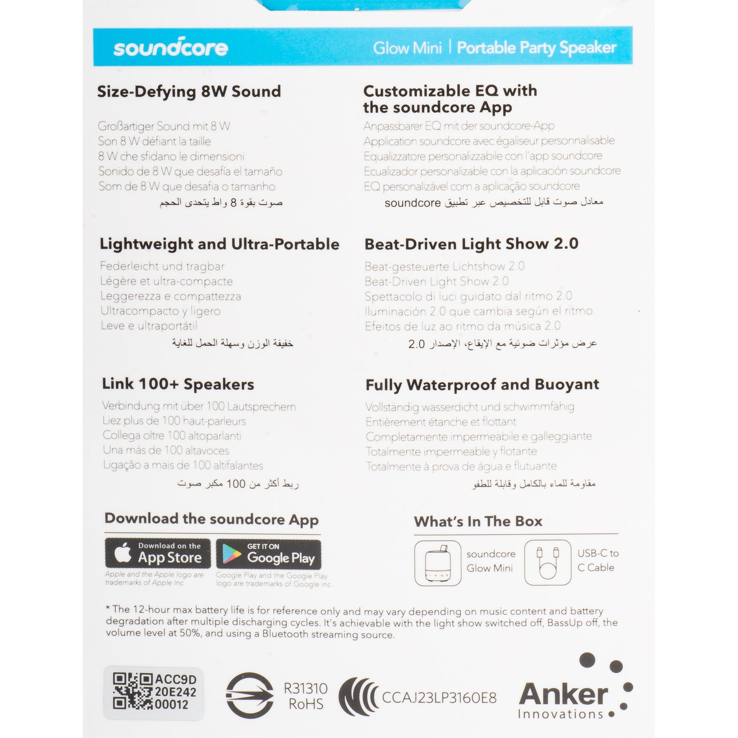 Boxa Portabila Bluetooth Anker SoundCore Glow Mini, 8W, RGB, Waterproof, Neagra A3136G11