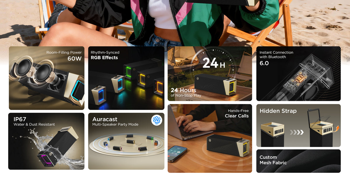 Boxa Portabila Bluetooth Bugani Brief TT, 60W, RGB, Waterproof, Neagra Aurie