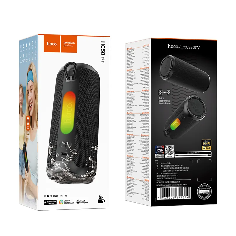 Boxa Portabila Bluetooth HOCO HC50, 8W, TWS, RGB, Waterproof, Neagra
