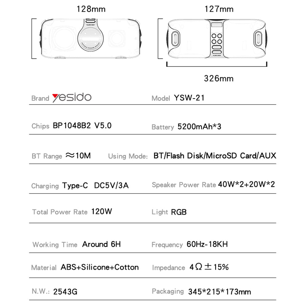 Boxa Bluetooth Yesido YSW21 Karaoke, 120W, RGB, Waterproof, Neagra