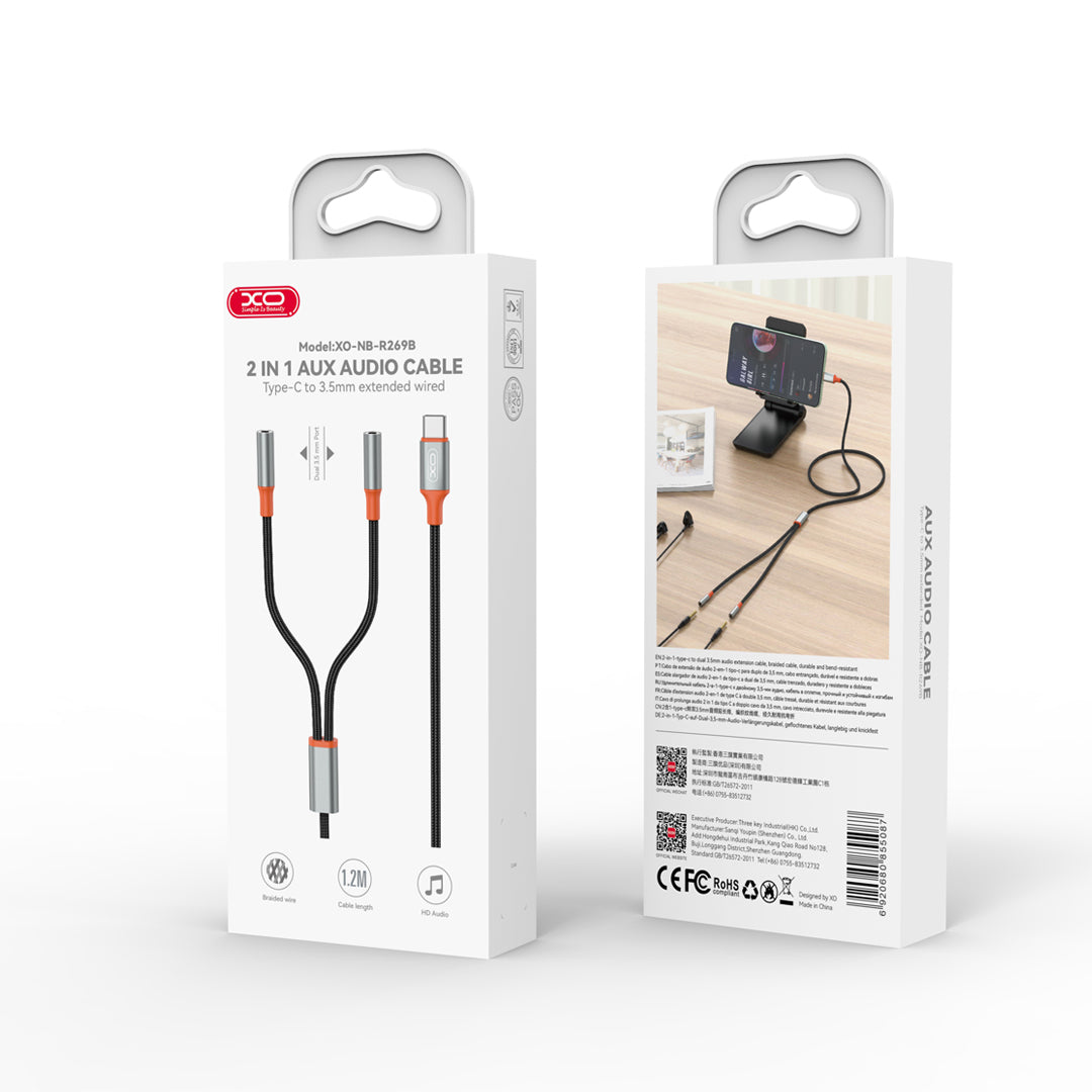Cablu Audio USB-C - 2 x 3.5mm XO Design NB-R269B, 1.2m, Negru