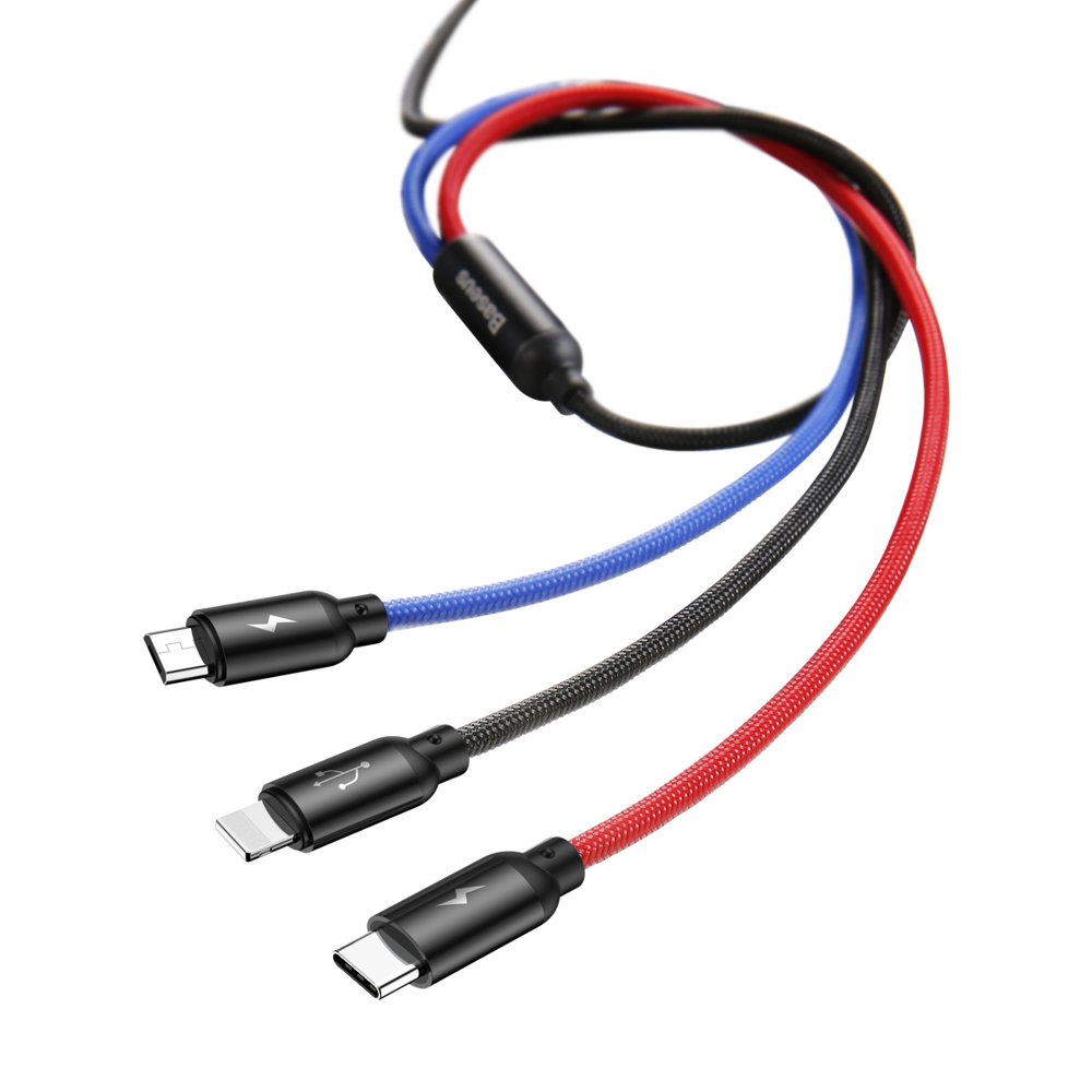 Cablu Incarcare USB-A - Lightning / microUSB / USB-C Baseus Colors 3in1, 20W, 1.2m, Negru CAMLT-BSY01